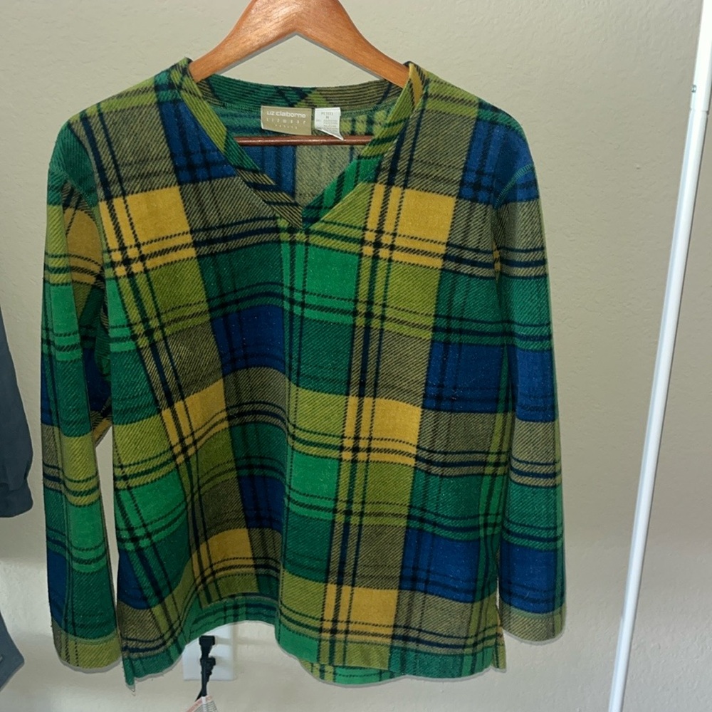 Plaid Liz Claiborne V-Neck Sweater in Green, Blue, and Yellow.